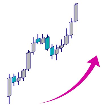 Yükselen bir grafiğin tasviri, Forx 'la ilgili izometrik materyal, yatırım. Ana satırlarla basit illüstrasyon.