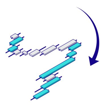Üç boyutlu bir düşme grafiğinin Isometric çizimi. Yatırım ve ön x için bilgi materyali. Üst yüzey yöntemi ve ana hatları olan resimleme materyali.