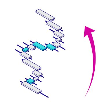 Üst modayı gösteren bir grafiğin izdüşümlü çizimi. Yatırım ve ön x materyali. Sağ omuz ve başarılı bir yatırım görüntüsü. Ana satırlı illüstrasyon.