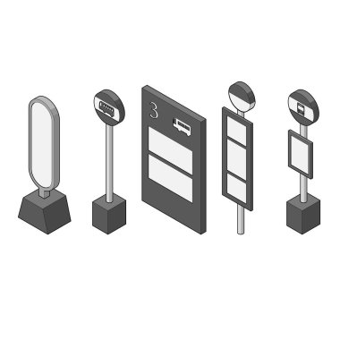 Çeşitli otobüs durakları için bir tabela seti. Geleneksel otobüs terminallerinden büyük otobüs duraklarına ait resimler. Siyah ve beyaz, ana hatları, izometrik çizimi, sol düzlem metodu.