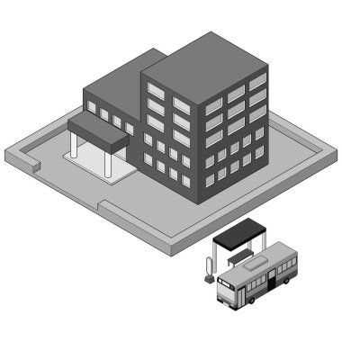 Bir otobüs ve otobüs durağının tasviri bir ofis binasının önünde durdu. Isometric çizim. Infographics için kullanılabilecek malzeme. Görüntü:.