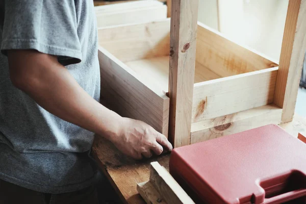 Carpenter Measures Planks Assemble Parts Build Wooden Table Customer — Φωτογραφία Αρχείου