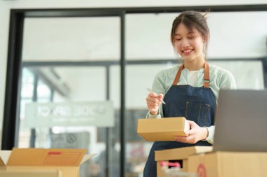 A portrait of a small startup, and SME owner, an Asian female entrepreneur, is writing down information on a notepad to organize the product before packing it into the inner box for the customer.