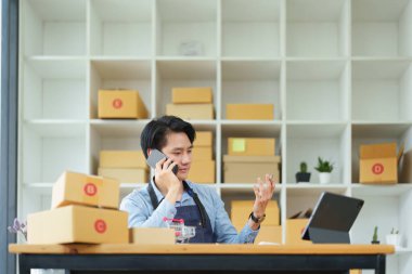 Küçük bir girişimin portresi ve KME sahibi, cep telefonu kullanan Asyalı bir girişimci, müşteriler için iç kutulara paketlemeden önce ürünleri organize etme siparişlerini kontrol ediyor..