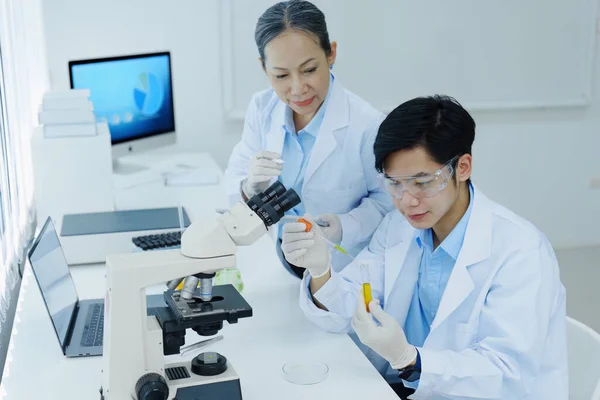 Medicinska Forskningslaboratorier Forskare Analyserar Kemiska Prover Diskutera Tekniska Innovationer Avancerade — Stockfoto