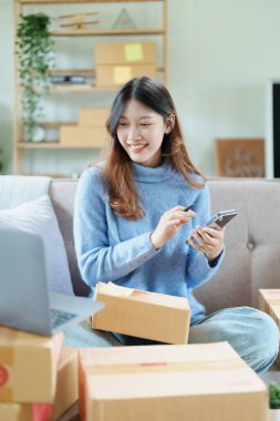 Çevrimiçi pazarlama paketi ve KOBİ teslimat kavramının neşeli başarısı ile bilgisayar laptopu kullanarak gülümseyen bağımsız Asyalı kadının küçük işletme girişimciliğini başlatan.