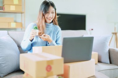 Çevrimiçi pazarlama paketi ve KOBİ teslimat kavramının neşeli başarısı ile bilgisayar laptopu kullanarak gülümseyen bağımsız Asyalı kadının küçük işletme girişimciliğini başlatan.