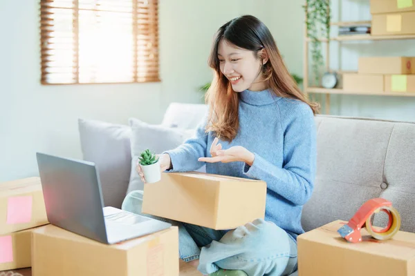 独立的亚洲妇女创办小企业时 使用电脑笔记本电脑微笑 成功地实现了网上营销包装项目和中小企业交付理念 — 图库照片
