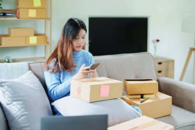 Çevrimiçi pazarlama paketi ve KOBİ teslimat kavramının neşeli başarısı ile bilgisayar laptopu kullanarak gülümseyen bağımsız Asyalı kadının küçük işletme girişimciliğini başlatan.