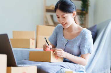 Bağımsız genç Asyalı kadın çevrimiçi satıcının küçük işletme girişimciliğine başlamak, bilgisayar kullanmak ve müşterilere dağıtım için ürünleri paketlemek için siparişler almaktır. KME dağıtım kavramı.