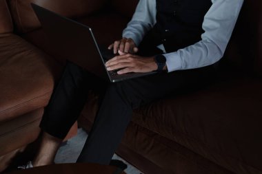 Kanepede bilgisayar kullanarak oturan yakışıklı, ağzı sıkı Asyalı bir adamın portresi..