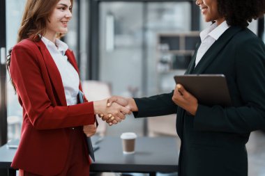 Çok ırklı iş dünyası Finansal tokalaşma, başarılı iş adamları iyi bir anlaşmadan sonra tokalaşma. İş Sözleşme Konseptini Tamamlama.