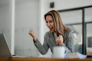 Dizüstü bilgisayar kullanan iş kadını, işin başarıyla sonuçlanmasına ve hedefe ulaşılmasına sevindi..