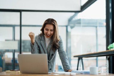 Dizüstü bilgisayar kullanan iş kadını, işin başarıyla sonuçlanmasına ve hedefe ulaşılmasına sevindi..