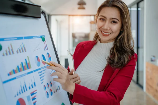 Portre genç iş kadını pazarlama kârını yatırım ve finans planlama semineriyle sunuyor.