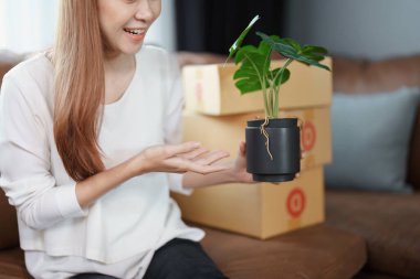 Satın alma kararı vermeden önce bir müşteriye ürünleri gösteren bir bilgisayar kullanarak bağımsız genç Asyalı kadın online satıcının küçük işletme girişimciliğini başlatıyorum. KME dağıtım kavramı.