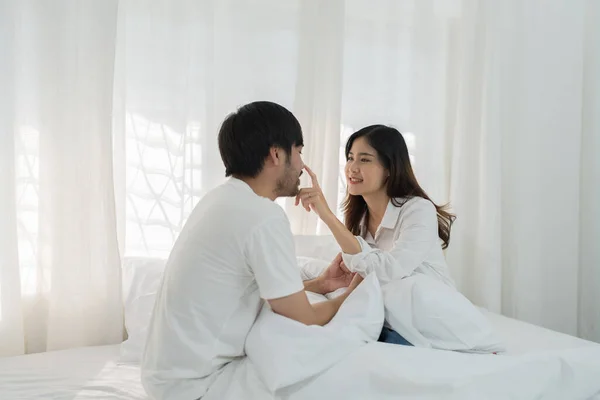 Asian Romantic Couple Bed Enjoying Sensual Foreplay Happy Sensual Young — Stock Photo, Image