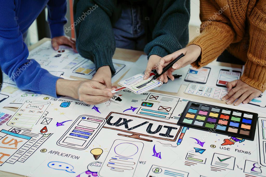 Team of Creative Web, Graphic Designer planning for mobile phone, drawing website ux ui app for mobile phone application and development template layout, process to developing prototype wireframe