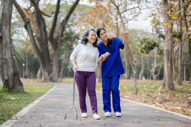 Hasta bakımı, kadın bakımı, genç Asyalı kadınlar yaşlılara bakıyorlar, koltuk değneği veriyorlar ve hastalara yürüyorlar, ve parklarda bacaklarını ve dizlerini çalıştırıyorlar.