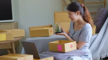 Satın alma kararı vermeden önce bir müşteriye ürünleri gösteren bir bilgisayar kullanarak bağımsız genç Asyalı kadın online satıcının küçük işletme girişimciliğini başlatıyorum. KME dağıtım kavramı. 