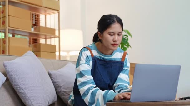 Iniciando Pequeno Empresário Mulher Asiática Independente Sorrindo Usando Laptop Computador — Vídeo de Stock