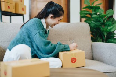 Bağımsız Asyalı kadın çevrimiçi satıcının müşterilere ve KOBİ dağıtım konseptine göndermek üzere ürünlerini paketleyen küçük işletme girişimcisi başlatılıyor.