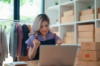Moda Mağazası 'nın Asyalı Kadın Sahibinin Portresi Küçük işletme, sme ya da dış ticaret kavramlarına başarılı bir gülümseme.