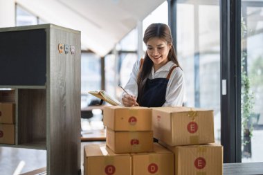 Online iş yapan genç bir kadın defter kullanıyor, kargo için paket hazırlıyor ve müşteri adreslerini kutudan alıyor..