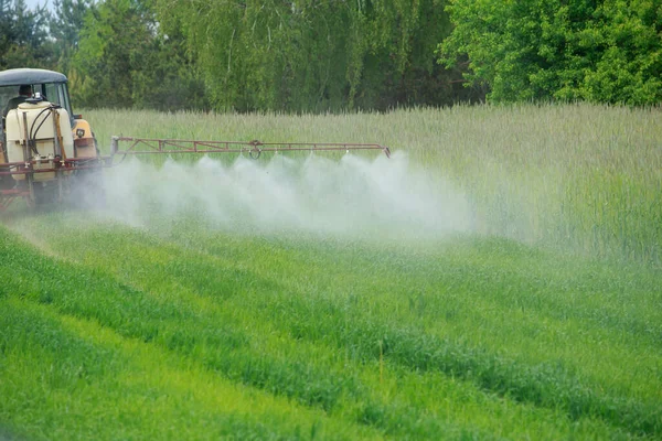 Traktor Penyemprotan Herbisida Atas Ladang Gandum Dengan Penyemprot — Stok Foto
