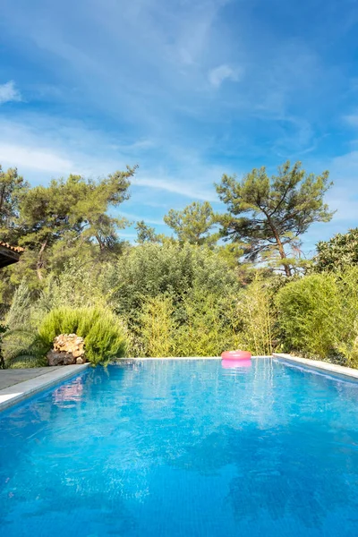 stock image Home swimming pool, vertical photo of beautiful summer day home swimming pool. Vacation house in green pine forest. Sunny holiday at noon. Copy space, advertising concept. Lovely garden concept.