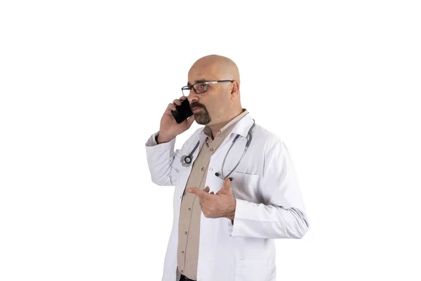 Doktor Mluví Telefonu Portrét Vážného Bělocha Který Mluví Telefonu Mluvení — Stock fotografie