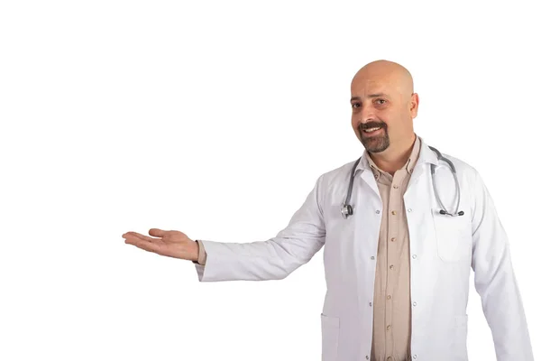 Doctor Holding Imaginary Object Smiling Friendly Medical Physician Isolated White — Stock Photo, Image