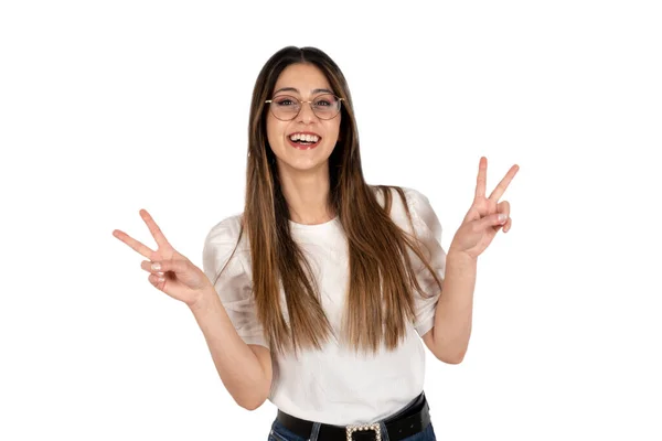 Peace Gesture Portrait Happy Cheerful Girl Showing Peace Gesture Two — Stock Photo, Image