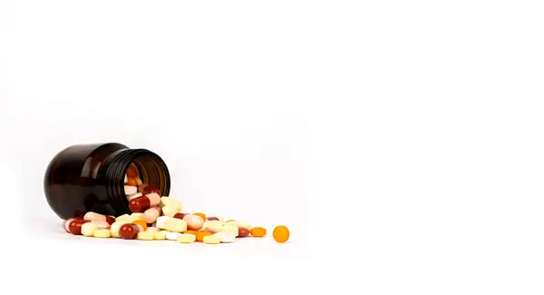 Rozlité Pilulky Pohled Zblízka Rozlité Pilulky Barevná Skupina Mnoha Lékových — Stock fotografie
