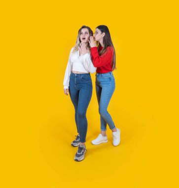 Fısıldayan dedikodular, tüm vücut manzarası genç iki arkadaş hayrete düştü. Elinin arkasında sırlarını anlatıyor. Günlük kot pantolon ve gömlek giy. İzole edilmiş sarı stüdyo arka planı. Halk yaşam tarzı konsepti.