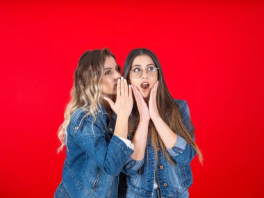 Arkadaşlar arasında dedikodu, iki şok olmuş kadının portresi arkadaş konsepti fikri arasında kırmızı arka plan dedikodusunu izole etti. İnsanların yaşam tarzı fikri imajı. Avuçların yanaklarında, ellerinin arkasında fısıldayan bir sır.