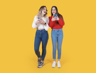 Şaşırtıcı bir şekilde mutlu iki güzel tam vücut büyüklüğünde beyaz kadın cep telefonu kullanıyor ve sarı stüdyo arka planında izole edilmiş dokunmatik ekran kullanıyor. Günlük kot pantolon ve gömlek giy..