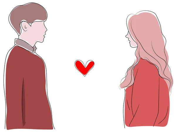 Jednoduchá Silueta Ilustrace Muže Ženy Proti Sobě Srdce Monochromatická Barva — Stockový vektor