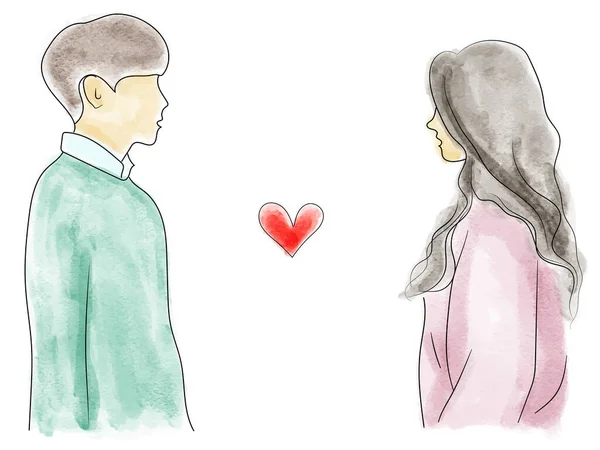 Jednoduchá Silueta Ilustrace Muže Ženy Proti Sobě Srdce Pastelové Barvy — Stockový vektor