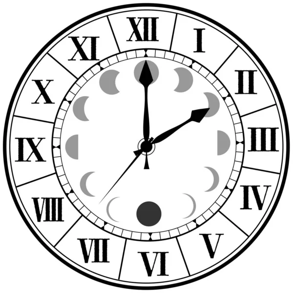 Retro Antique Wall Clock Gorgeous Design Roman Numerals Moon Phase — Stock Vector