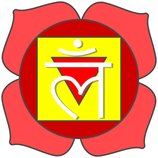 Symboler För Första Chakran Muladhara Och Sanskrit Tecken Färg — Stock vektor