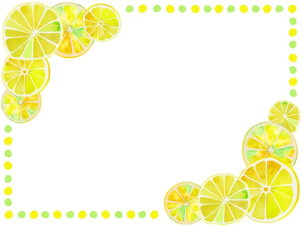 スライスされたレモン 水彩画のイラストが並ぶ長方形フレーム — ストックベクタ