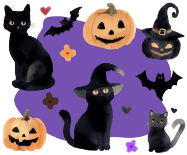 Cadılar Bayramı motifleri, siyah kedi ve balkabağı feneri suluboya çizimleri.