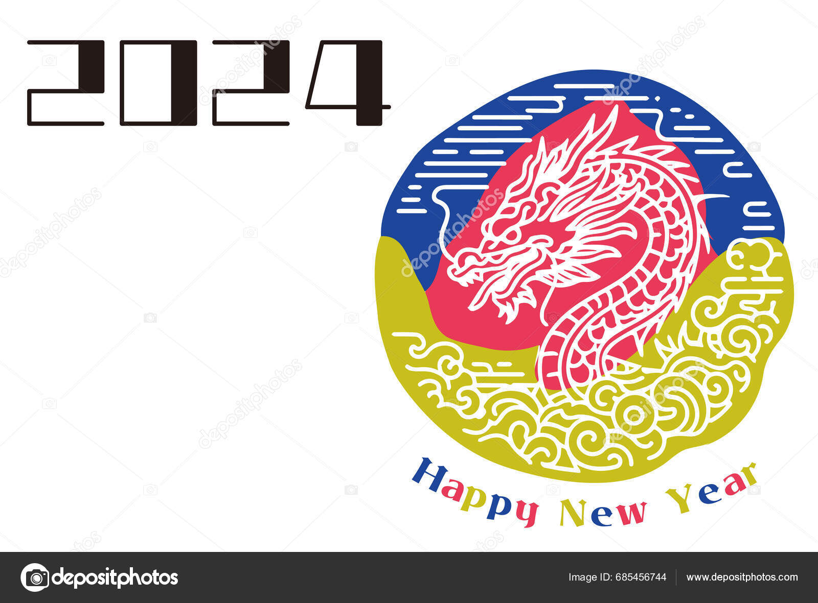 Postcard Template Year Dragon 2024 Simple Black White Dragon