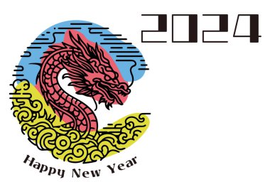 Ejder 2024 yılı için basit bir kart şablonu, siyah-beyaz ejderha çizimi.