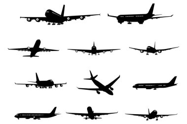 Bir dizi uçak silueti. Uçaklar: uçuş, kalkış, koşu, iniş, ön, üst ve profil, uçakların vektör çizimi