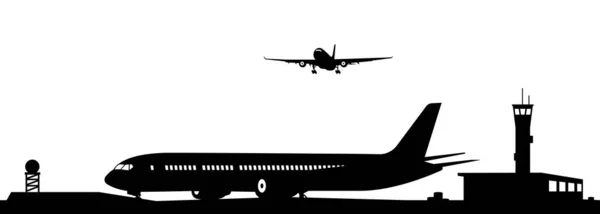 Flughafen Mit Flugzeug Und Anlagen Silhouettenvektor Verkehrskonzept Illustration Für Hintergrund — Stockvektor