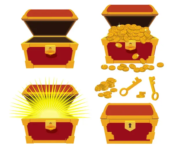 stock vector Wooden chest with open and closed lid. Pirate treasure box with magic glow inside. Vector realistic set of old wood trunk with golden fetter. 