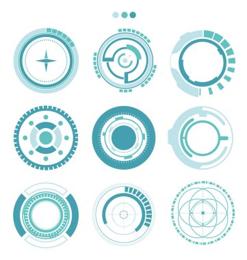 Fütürist çerçeve dairesel HUD arayüzü siber punk tasarımı. Teknoloji Yüksek Teknoloji elementleri.