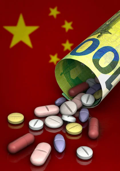 Tabletten Euro Und China Abhängigkeit Von Der Chinesischen Pharmaindustrie Hochformat — Stockfoto